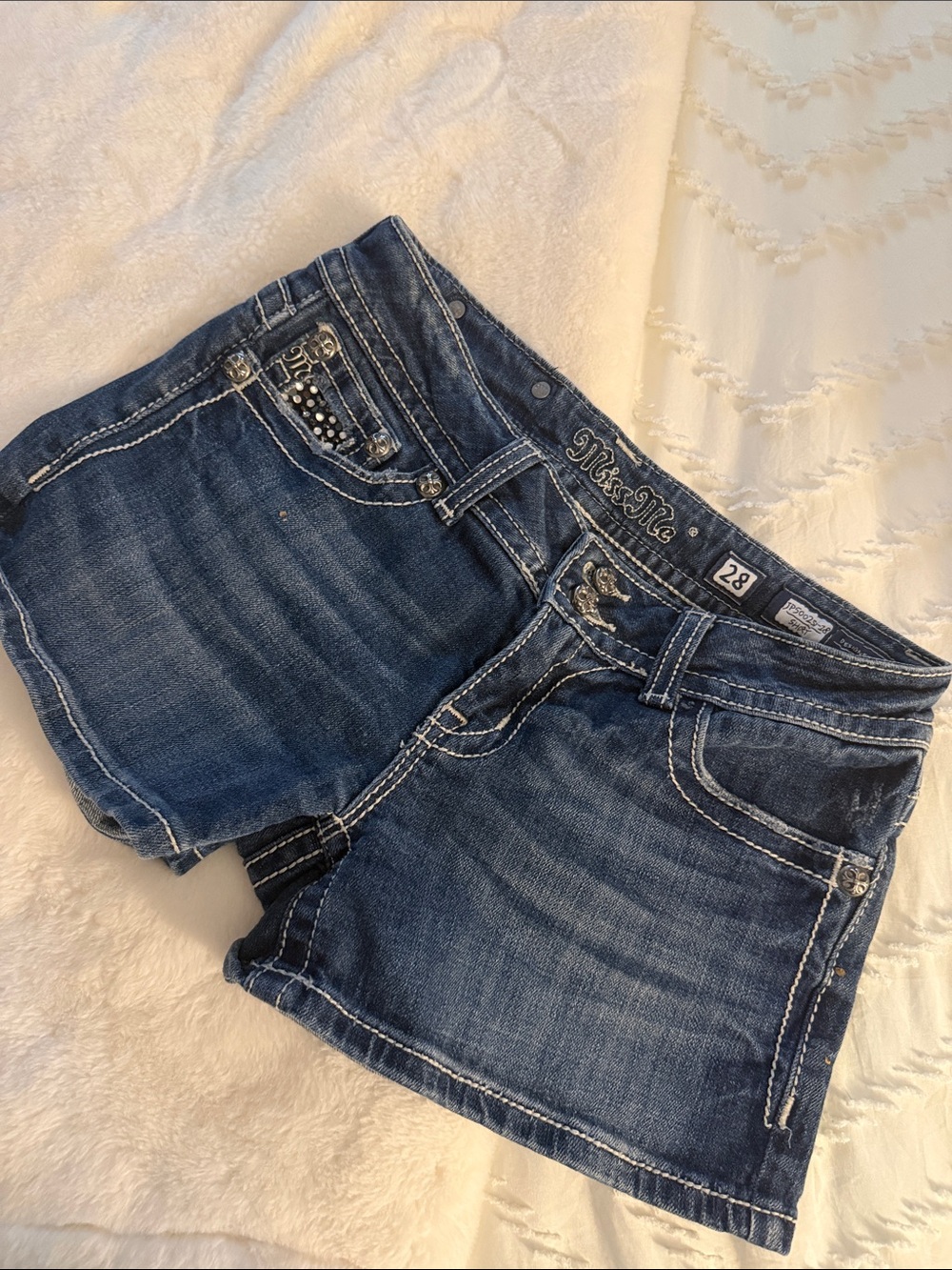 Miss Me Blue Denim Shorts with Embellished Pockets